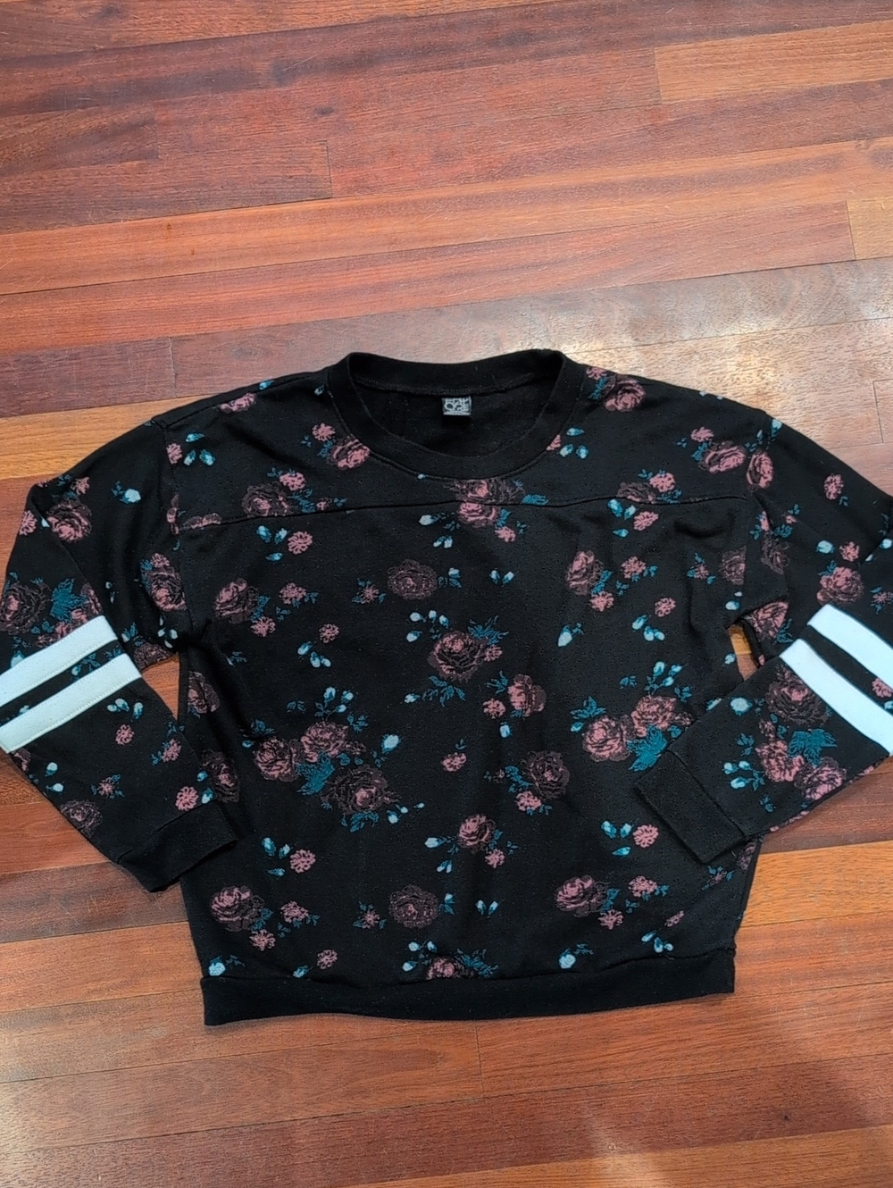 Empyre Black Floral Crew Sweatshirt with White Stripe Sleeves